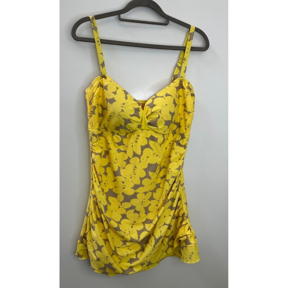 Shore Shapes Swimwear Yellow Floral Ruched Swim Dress Womens Size 14 Resort Vaca - Picture 3 of 16